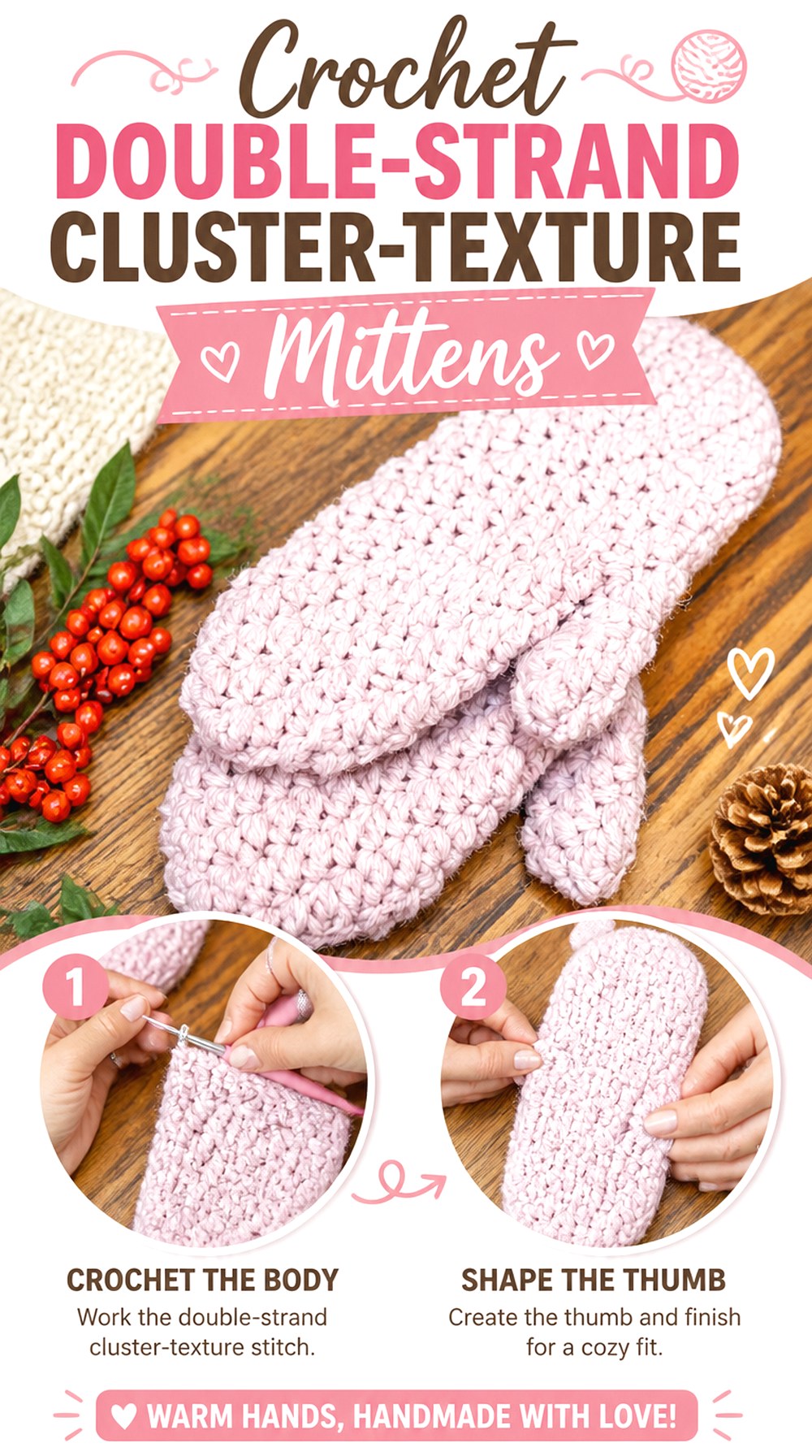 Crochet Double Strand Cluster Texture Mittens