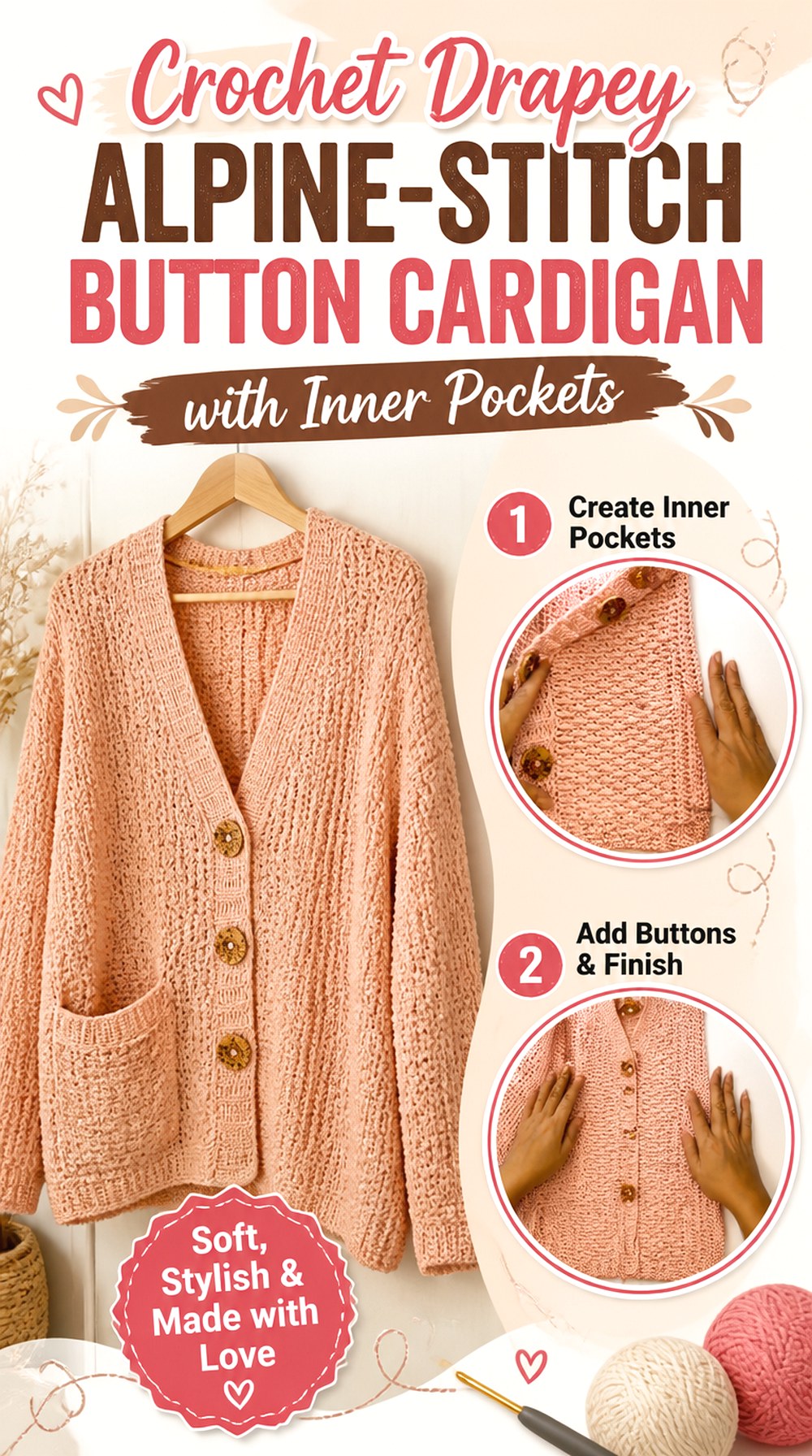 Crochet Drapey Alpine Stitch Button Cardigan with Inner Pockets