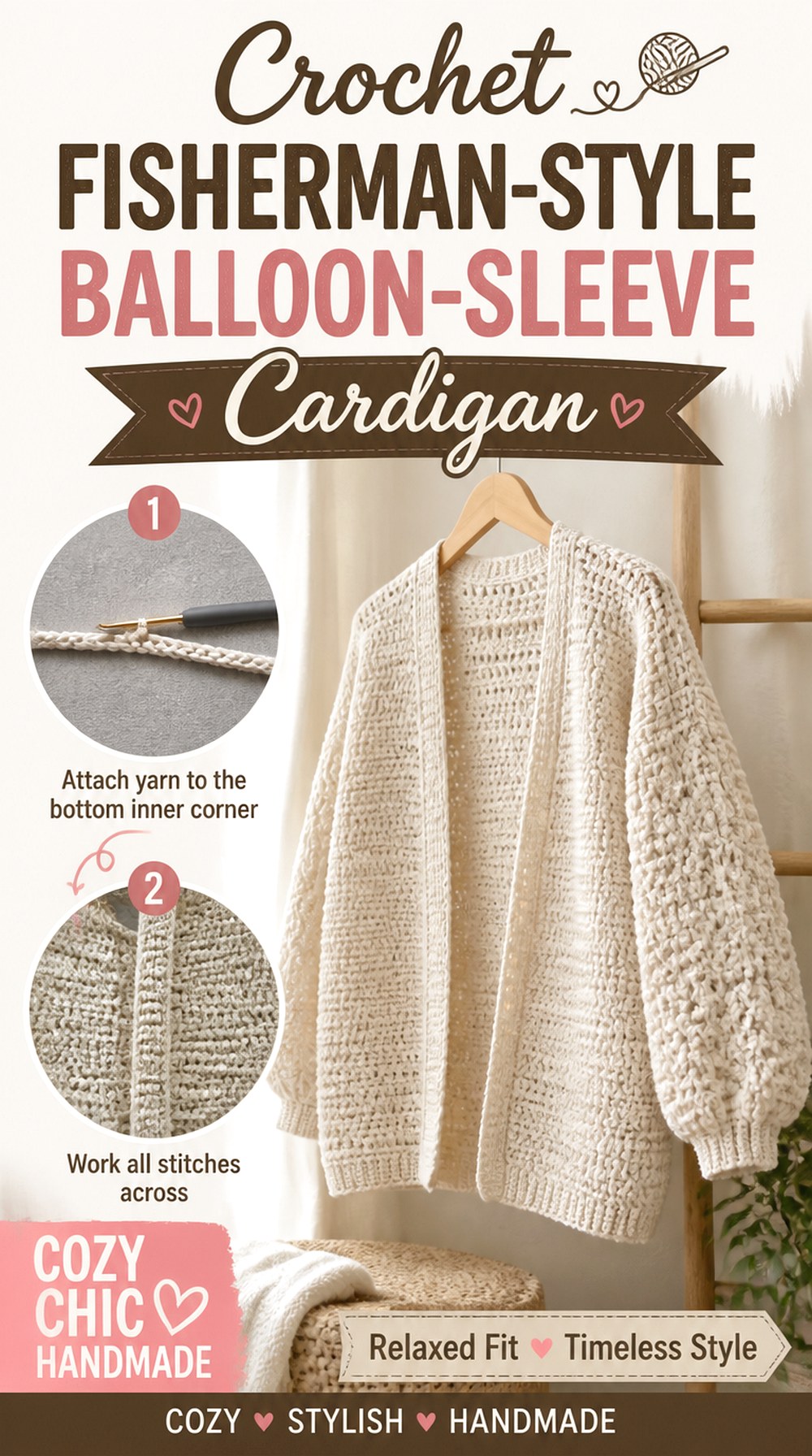 Crochet Fisherman Style Balloon Sleeve Cardigan