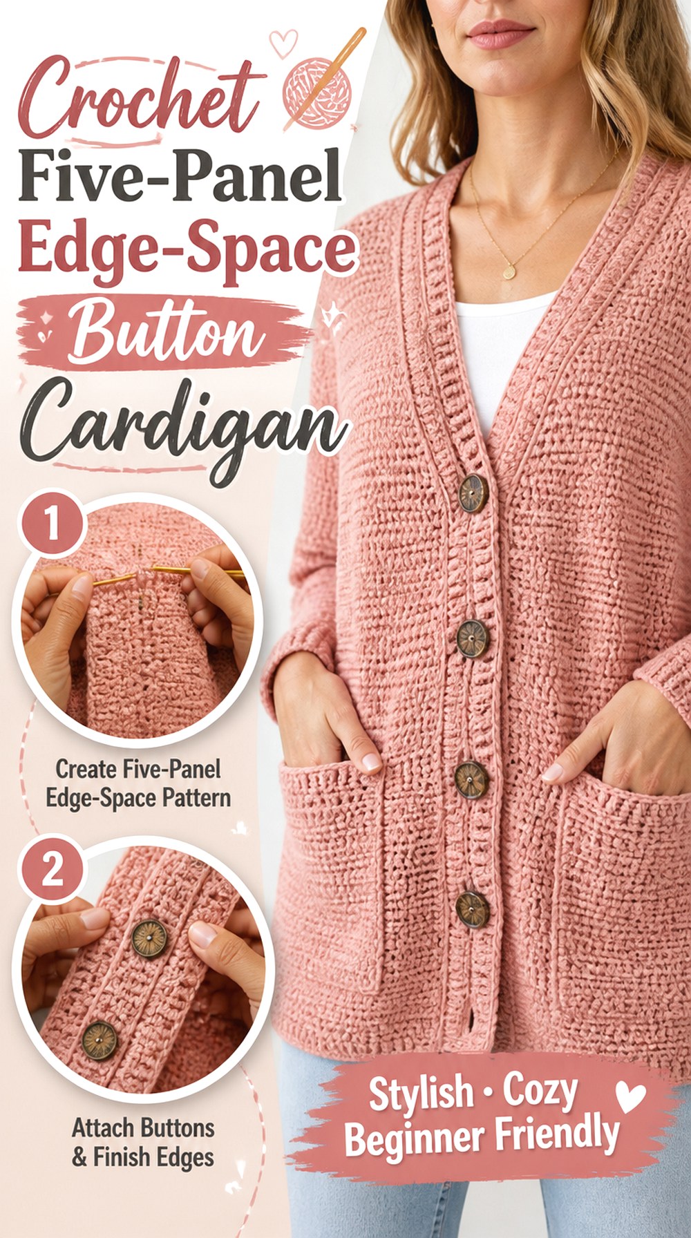 Crochet Five Panel Edge Space Button Cardigan