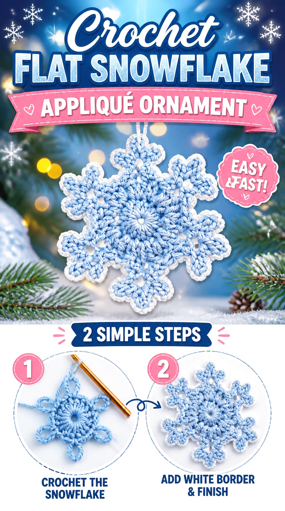 Crochet Flat Snowflake Appliqué Ornament