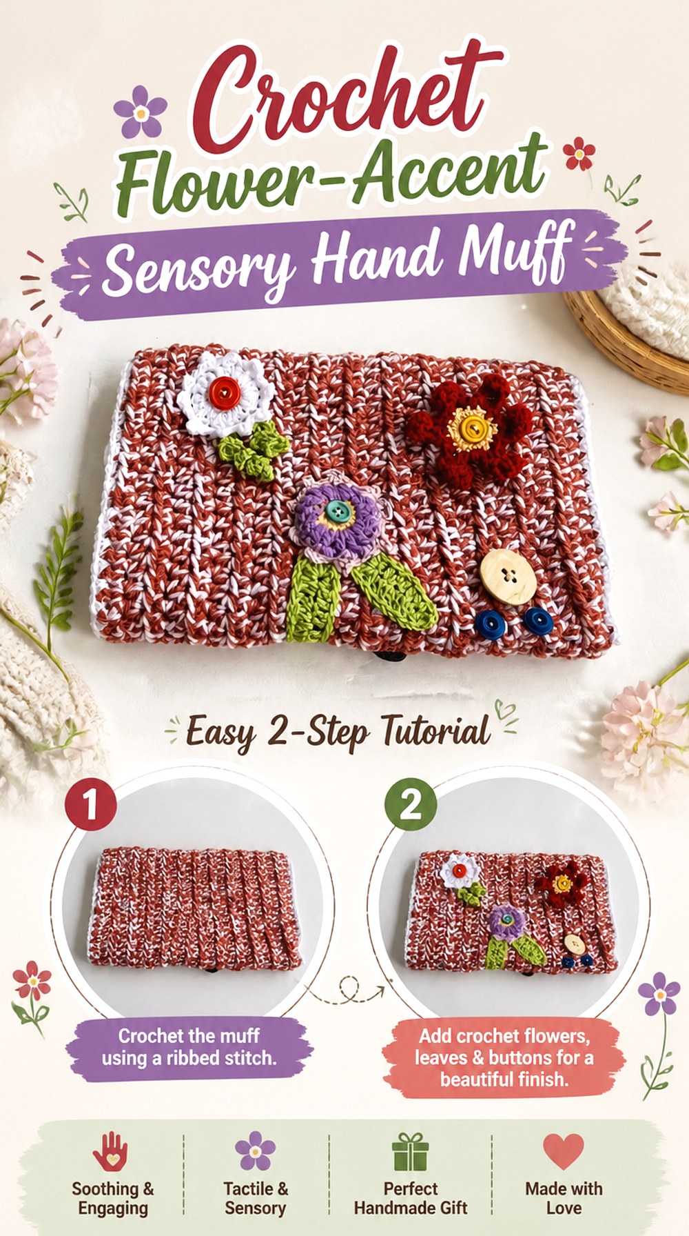 Crochet Flower Accent Sensory Hand Muff