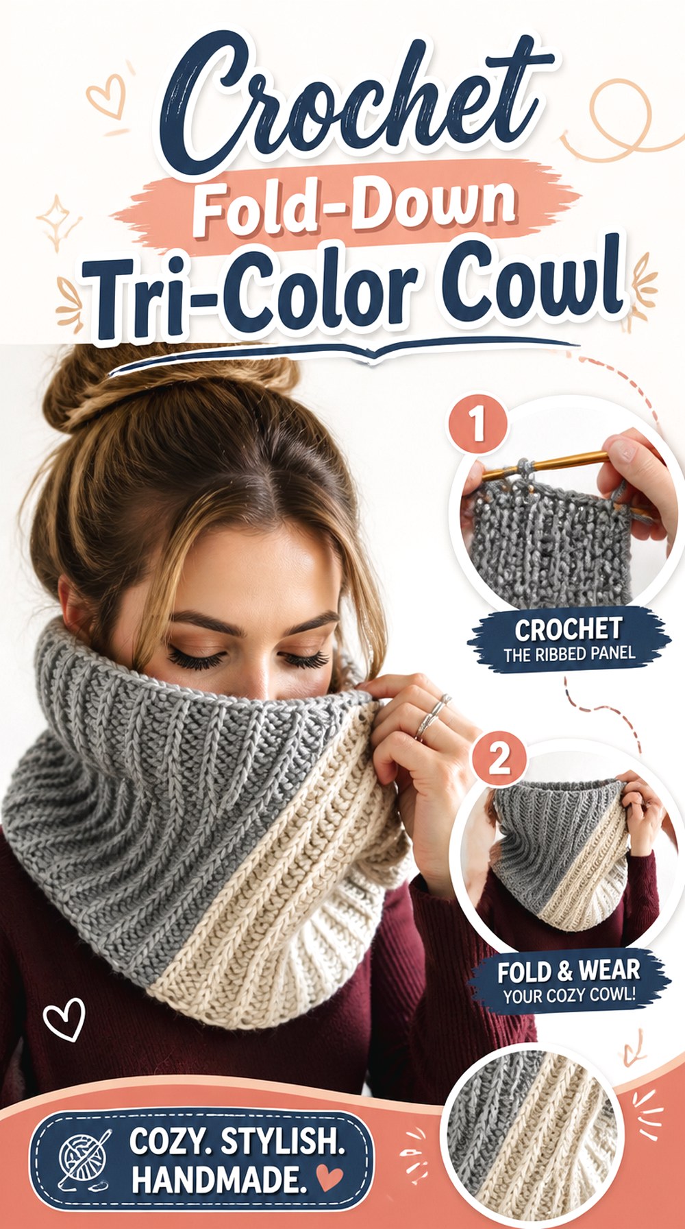 Crochet Fold Down Tri Color Cowl