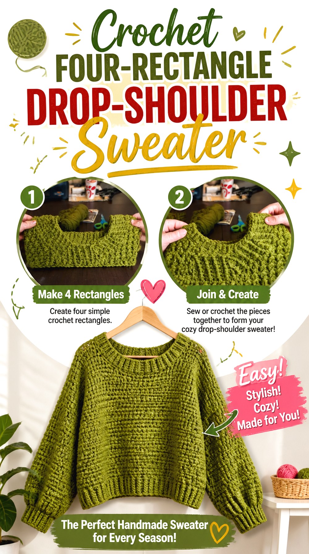 Crochet Four Rectangle Drop Shoulder Sweater