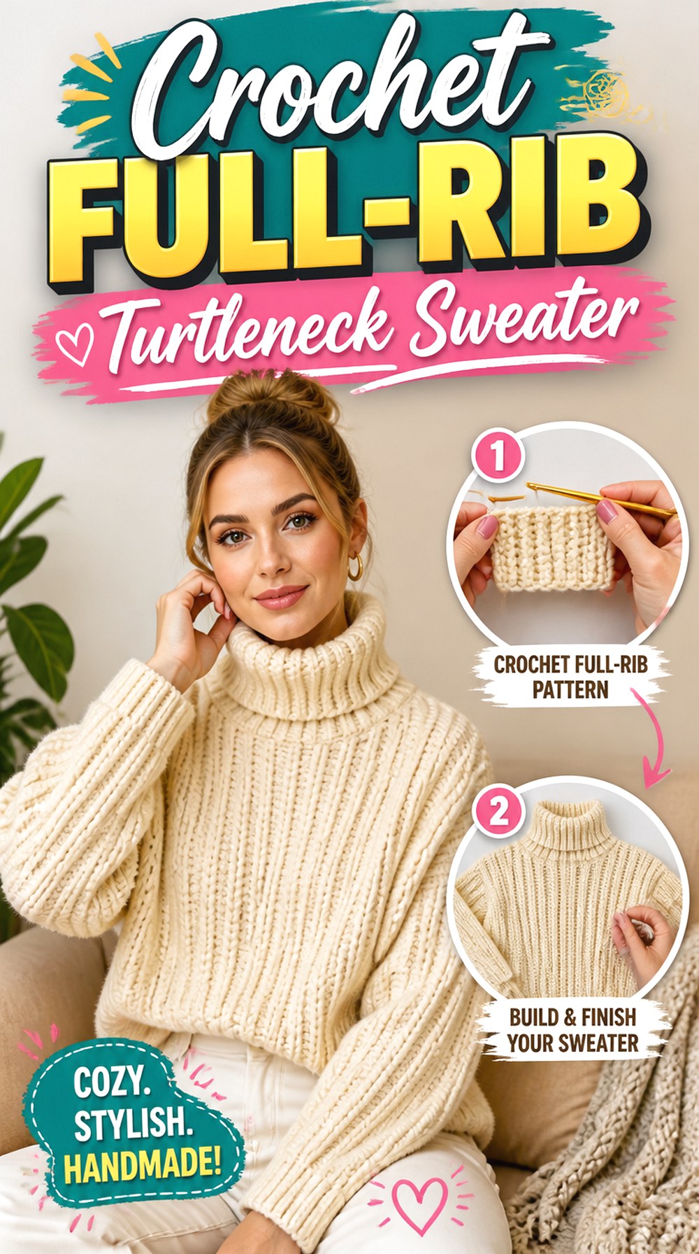 Crochet Full Rib Turtleneck Sweater