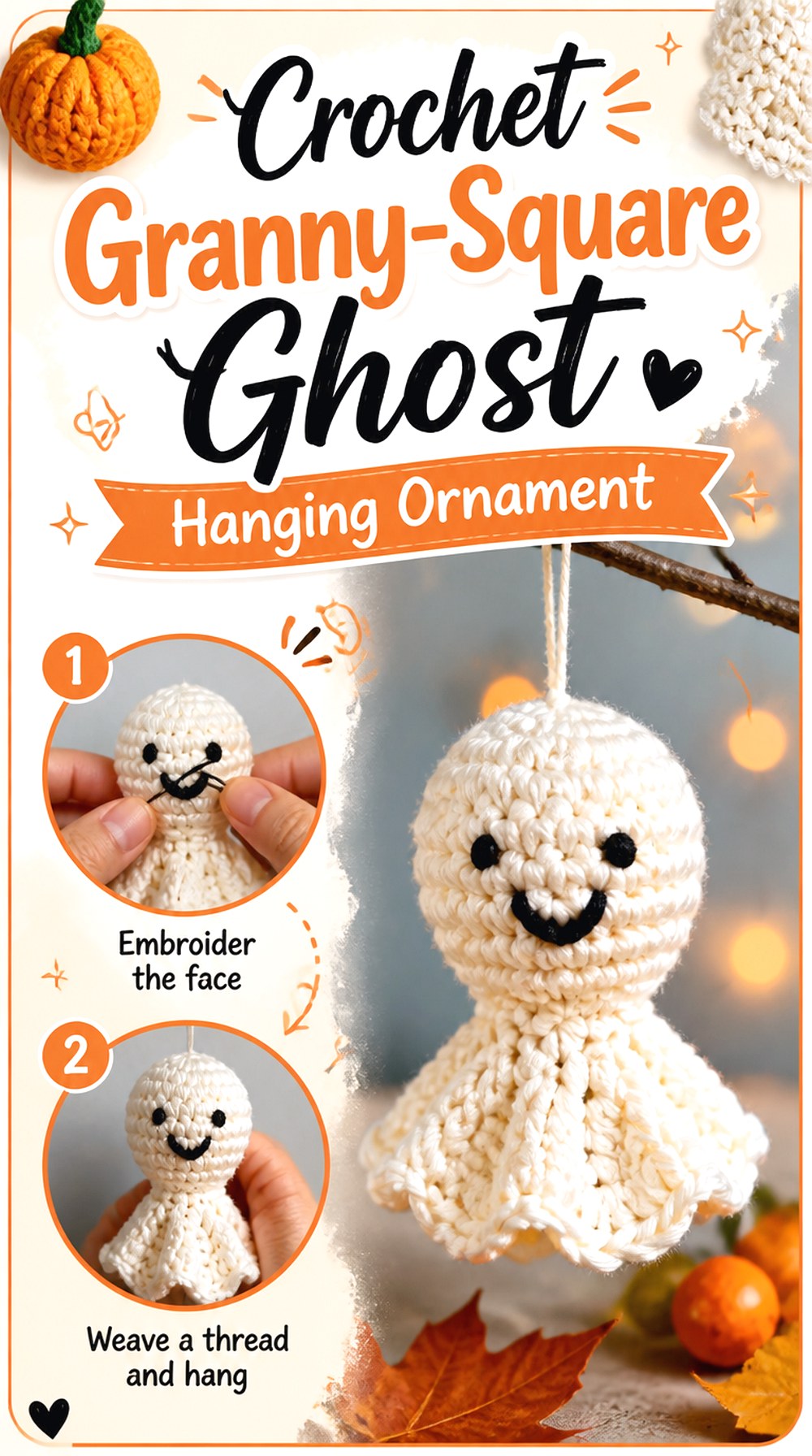 Crochet Granny Square Ghost Hanging Ornament