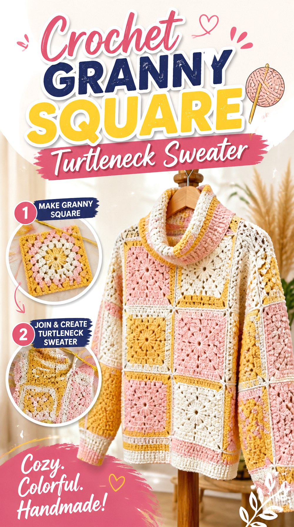 Crochet Granny Square Turtleneck Sweater
