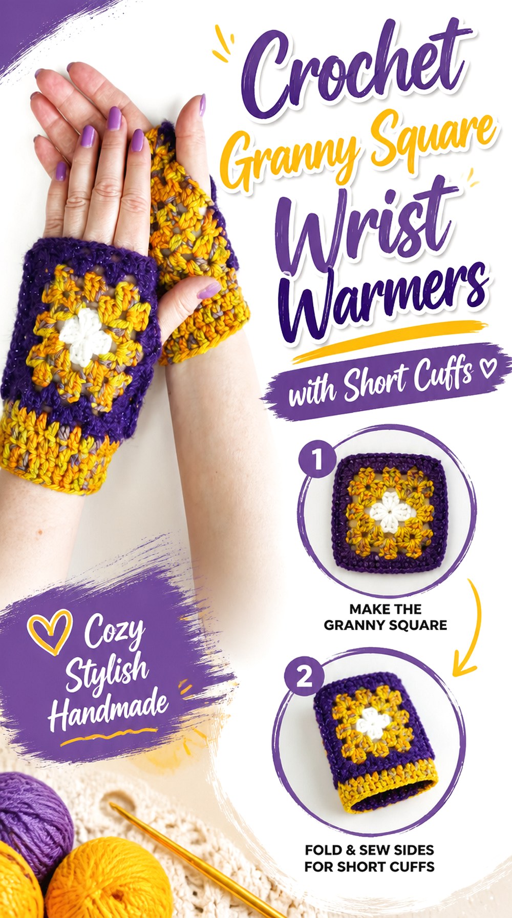 Crochet Granny Square Wrist Warmers with Short Cuffs