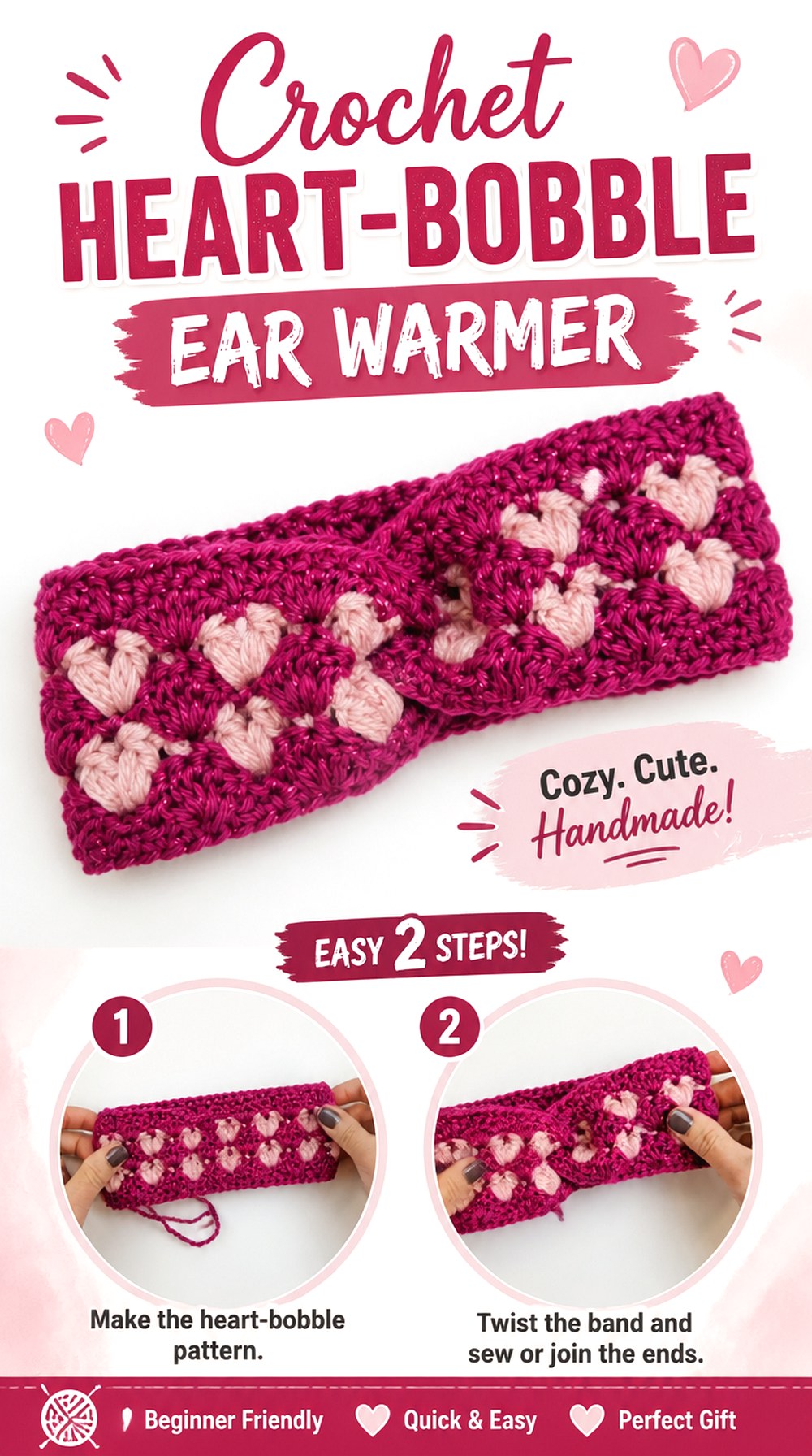 Crochet Heart Bobble Ear Warmer