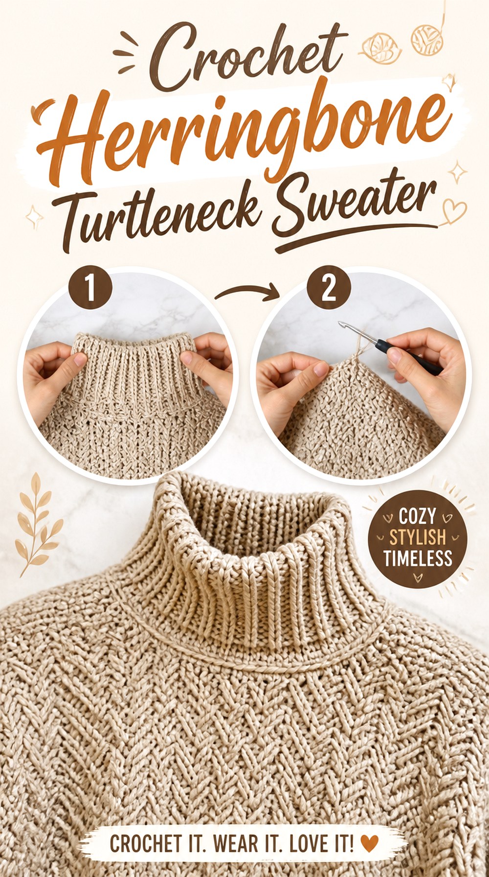 Crochet Herringbone Turtleneck Sweater