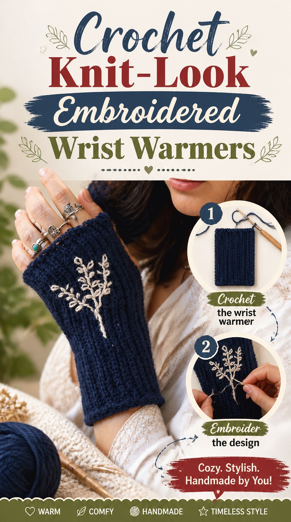 Crochet Knit Look Embroidered Wrist Warmers