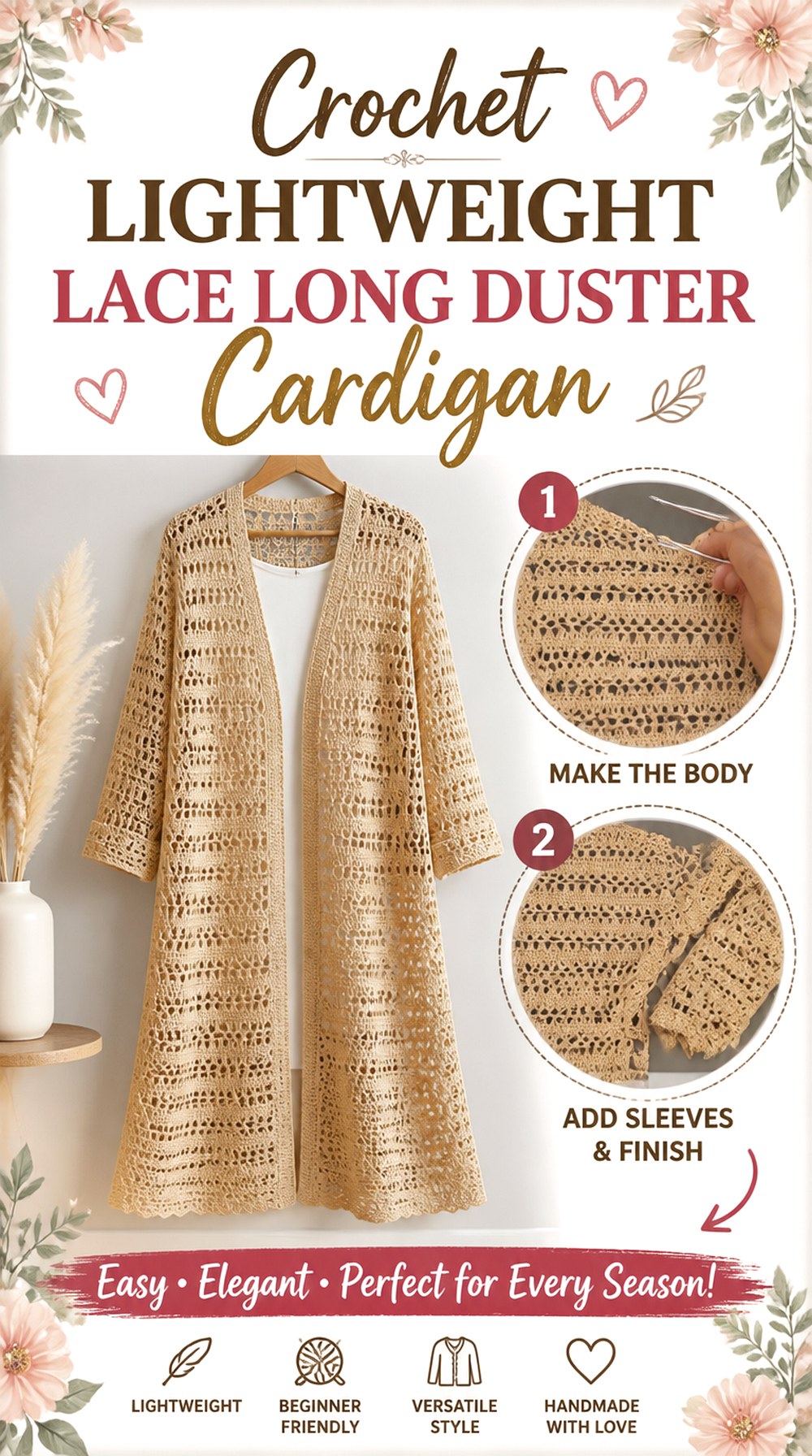 Crochet Lightweight Lace Long Duster Cardigan