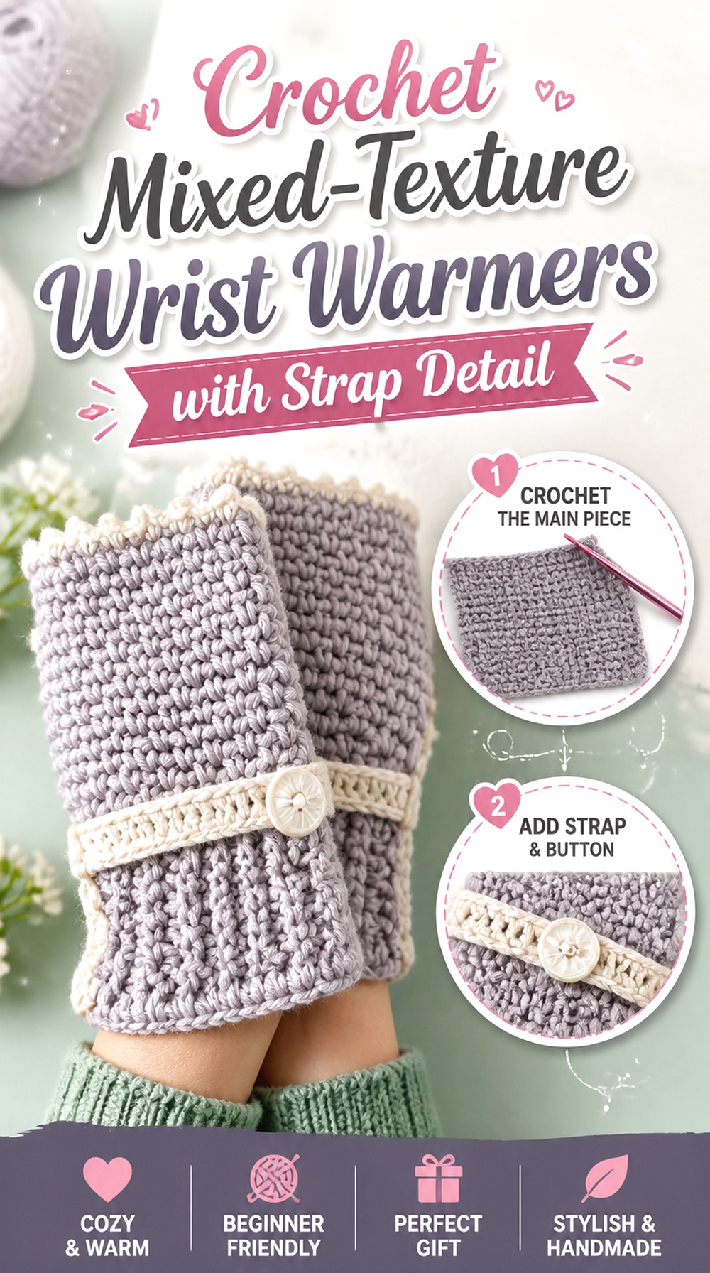 Crochet Mixed Texture Wrist Warmers with Strap Detail