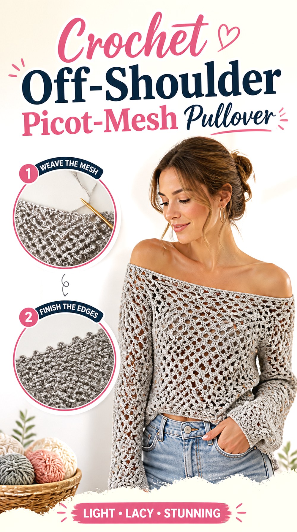 Crochet Off Shoulder Picot Mesh Pullover