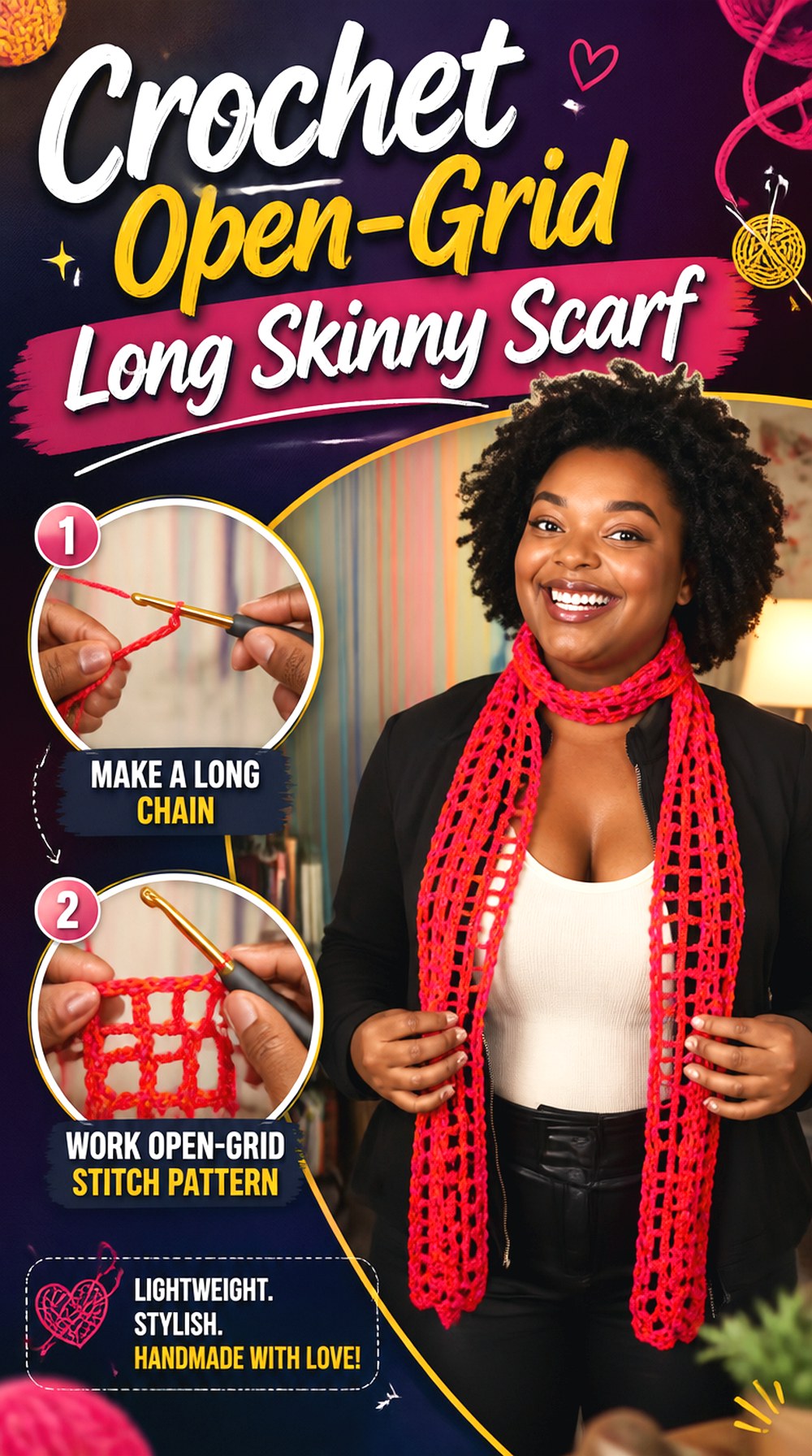 Crochet Open Grid Long Skinny Scarf