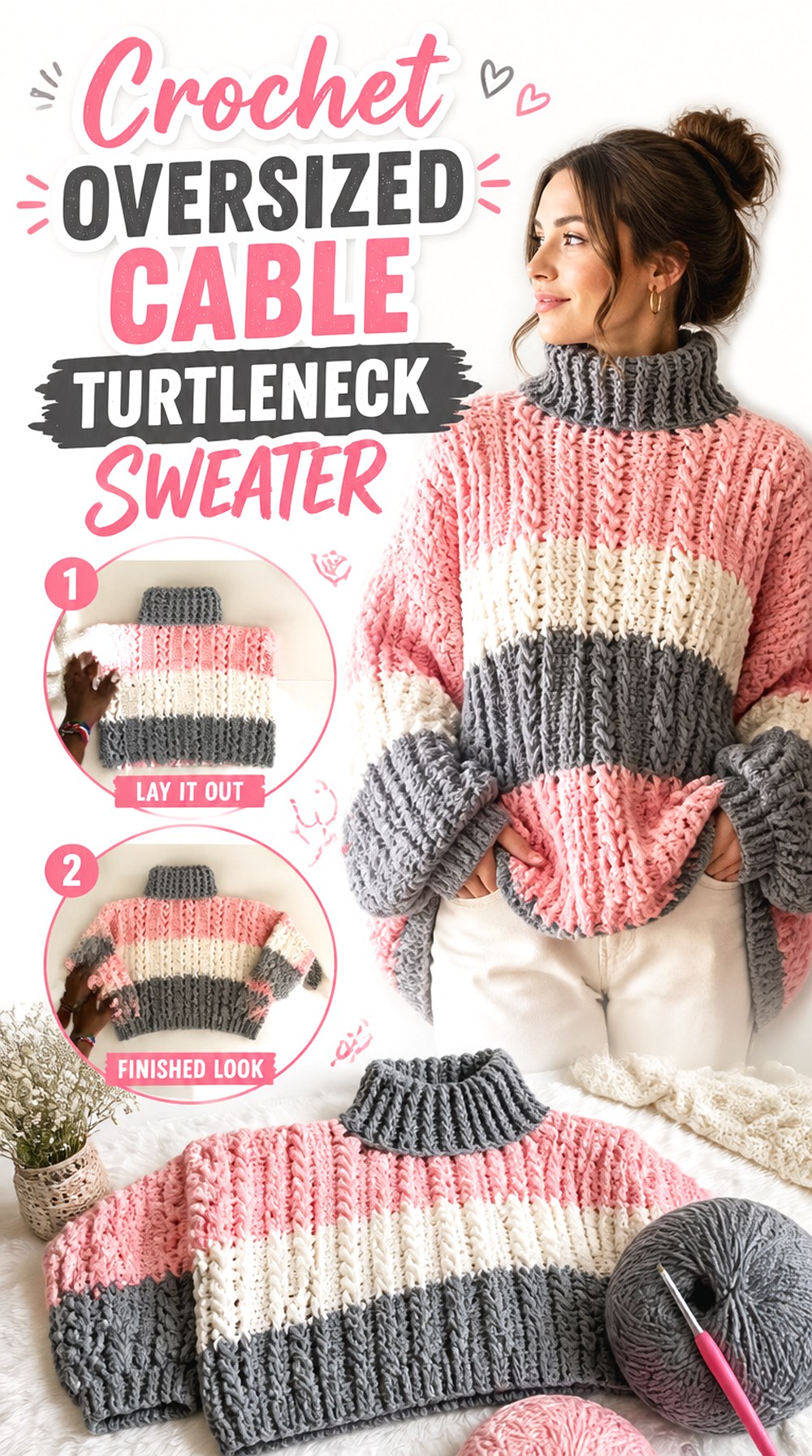 Crochet Oversized Cable Turtleneck Sweater
