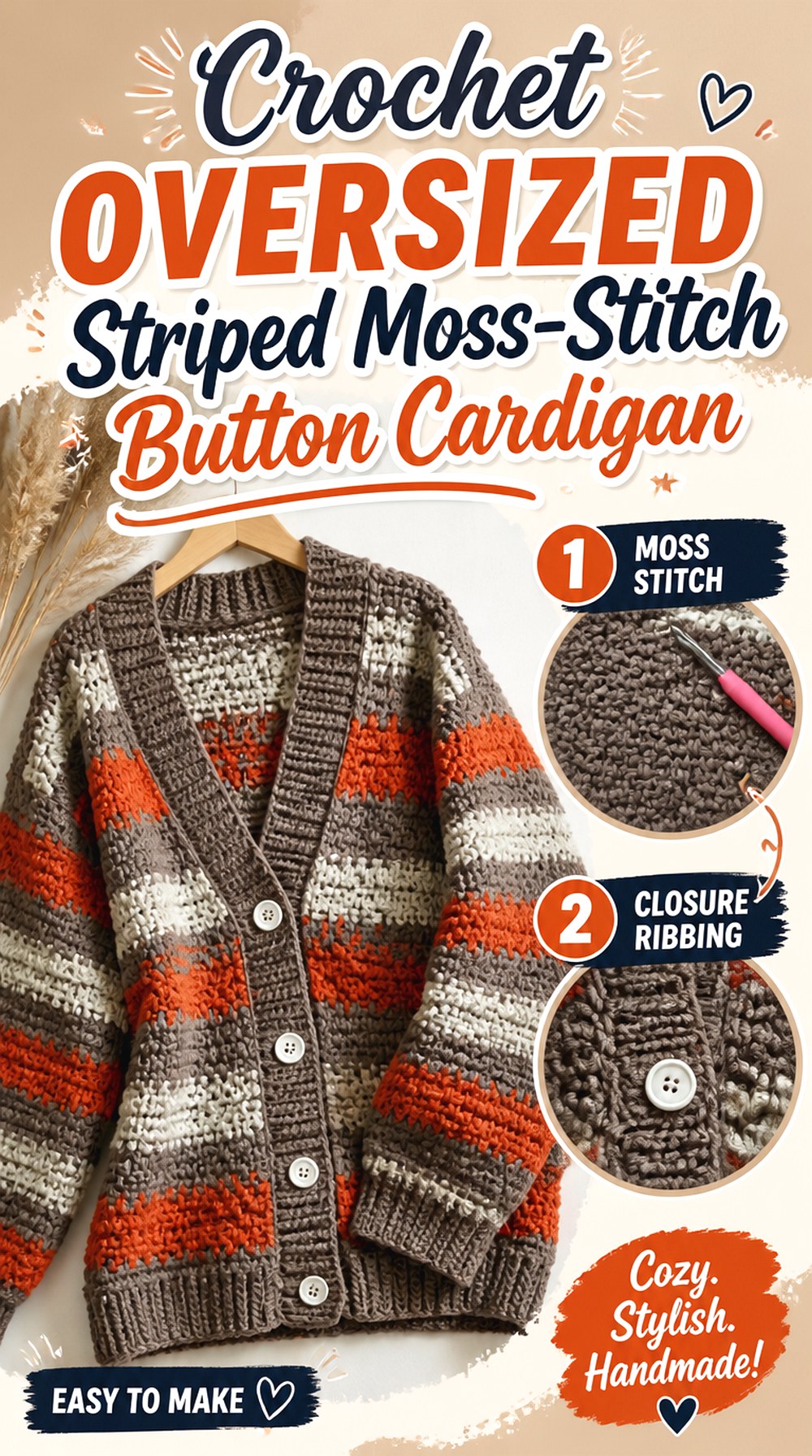 Crochet Oversized Striped Moss Stitch Button Cardigan
