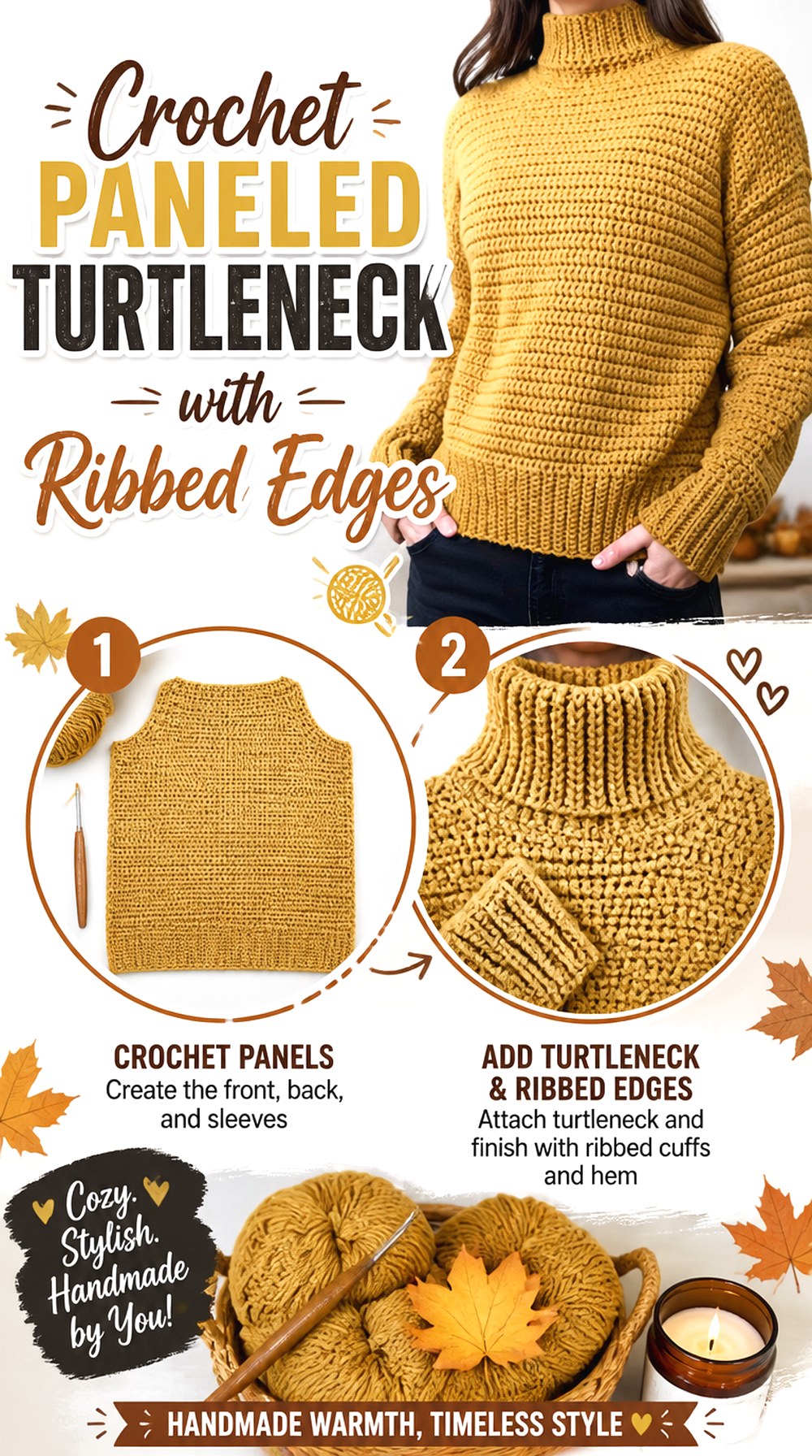 Crochet Paneled Turtleneck with Ribbed Edges