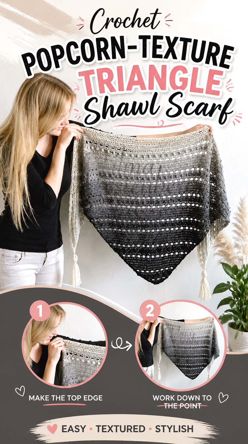 Crochet Popcorn Texture Triangle Shawl Scarf