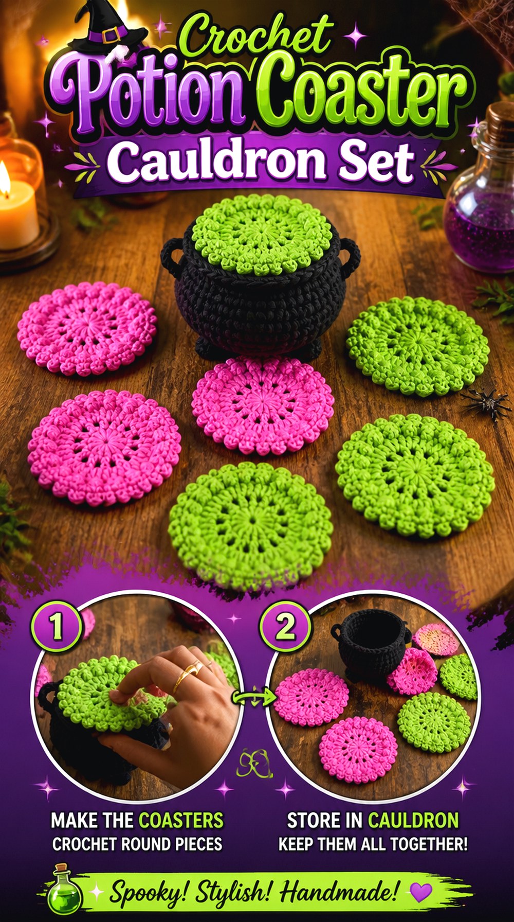 Crochet Potion Coaster Cauldron Set