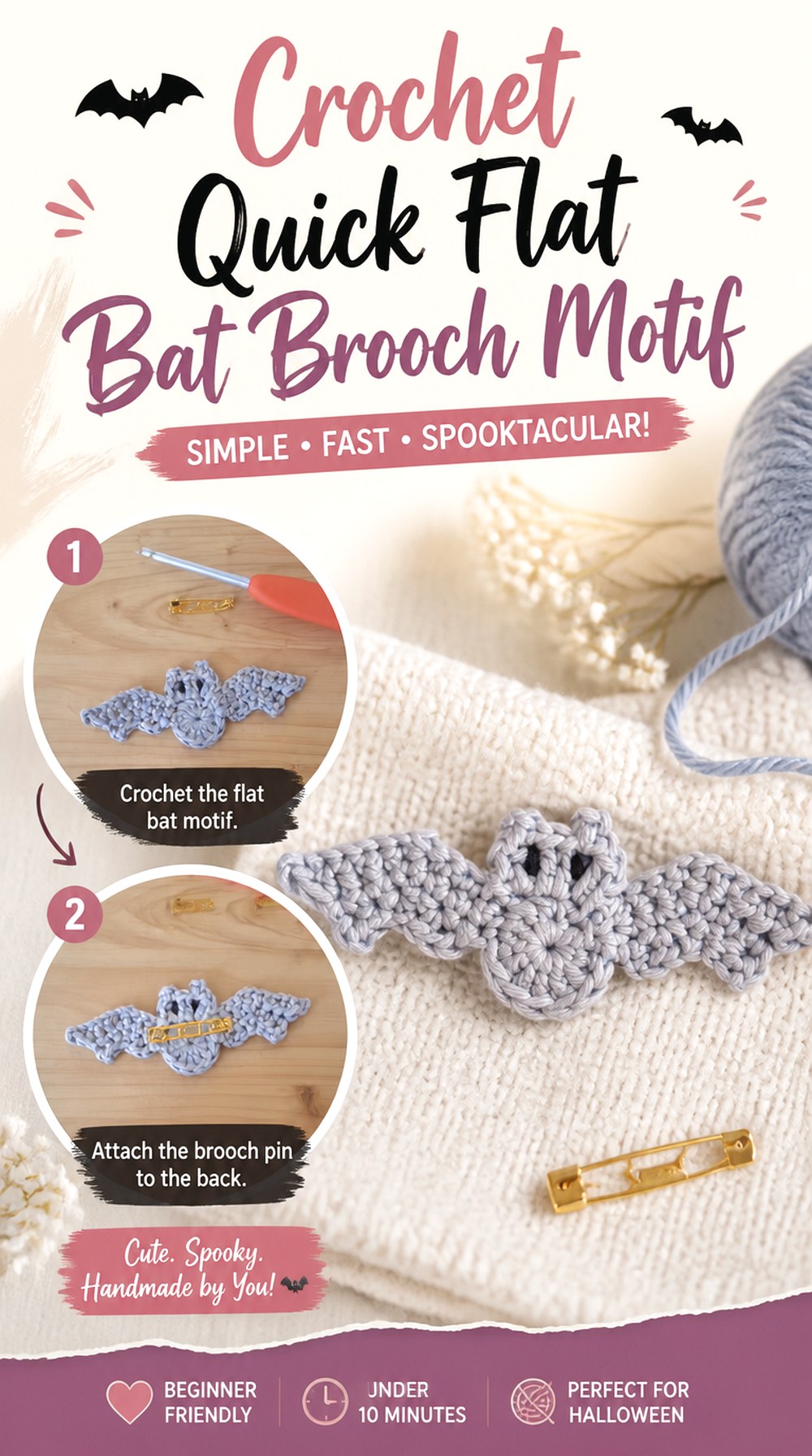 Crochet Quick Flat Bat Brooch Motif