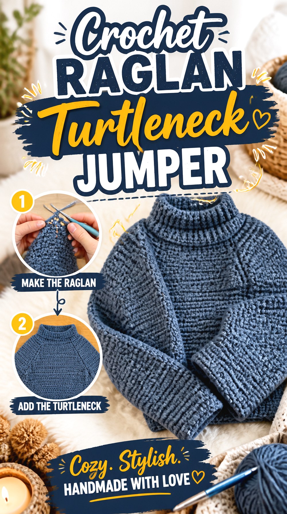 Crochet Raglan Turtleneck Jumper