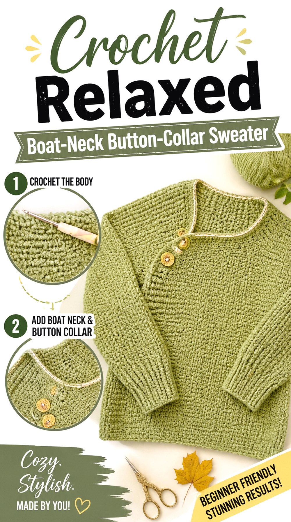 Crochet Relaxed Boat Neck Button Collar Sweater