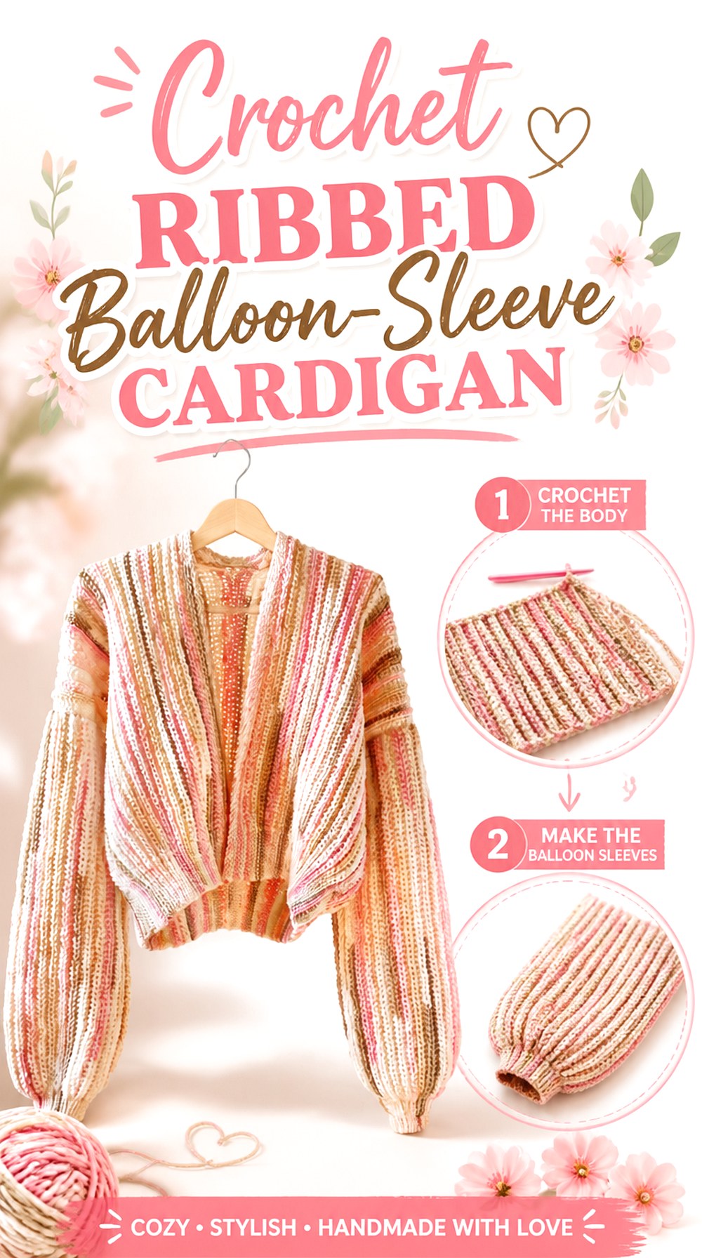 Crochet Ribbed Balloon Sleeve Cardigan