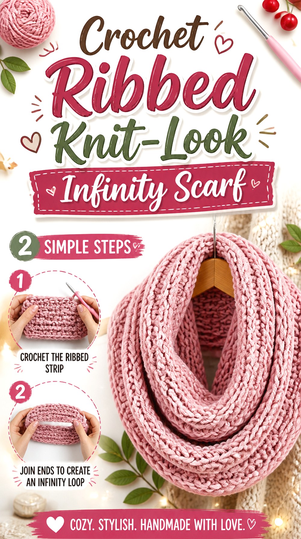 Crochet Ribbed Knit Look Infinity Scarf