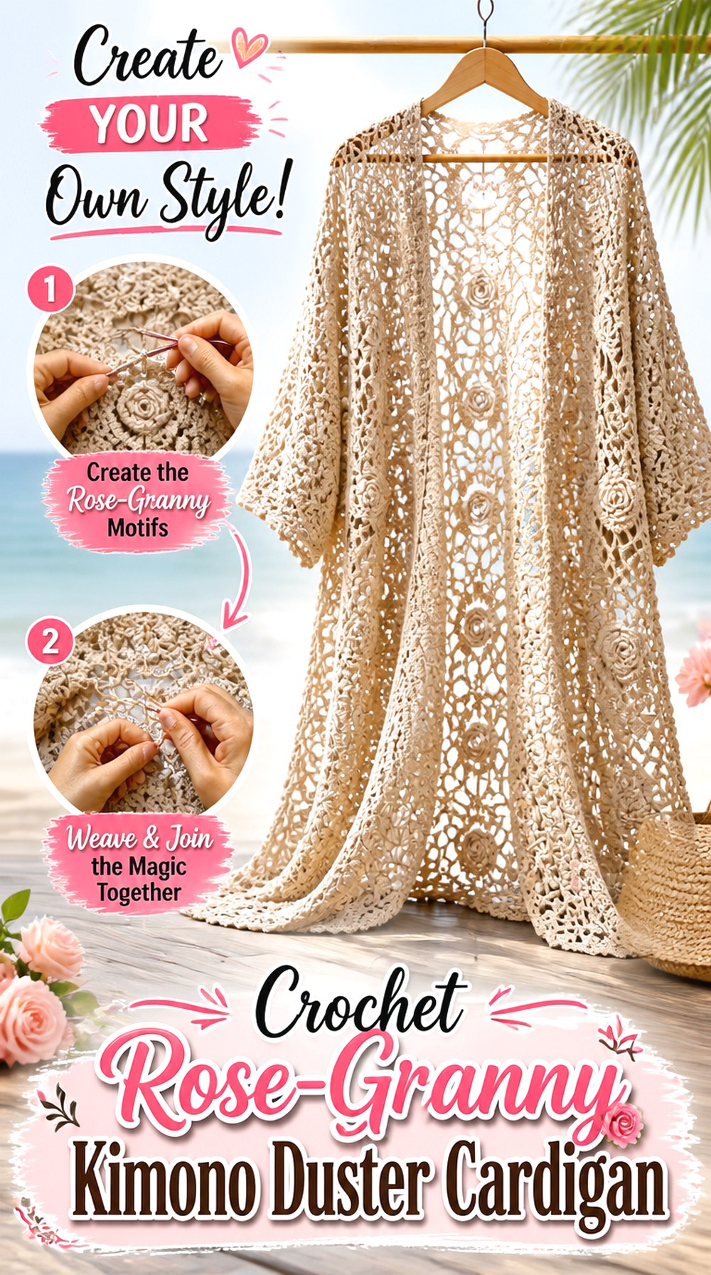 Crochet Rose Granny Kimono Duster Cardigan