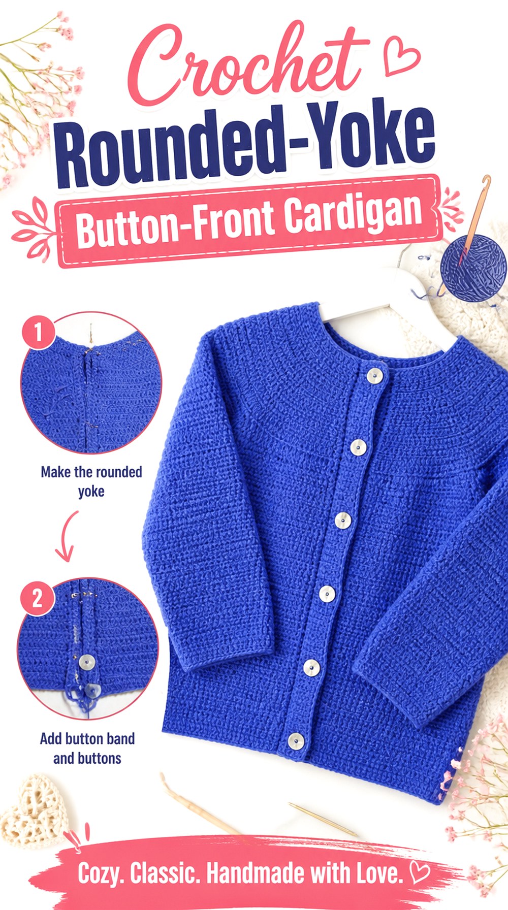 Crochet Rounded Yoke Button Front Cardigan