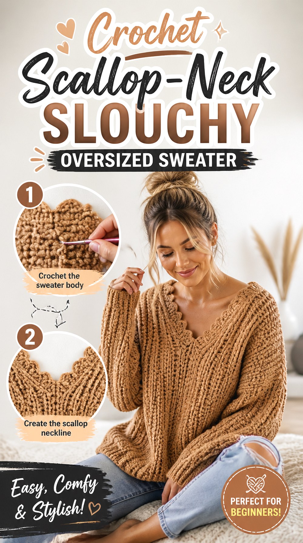 Crochet Scallop Neck Slouchy Oversized Sweater