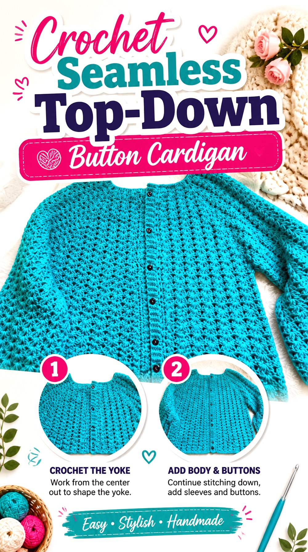 Crochet Seamless Top Down Button Cardigan