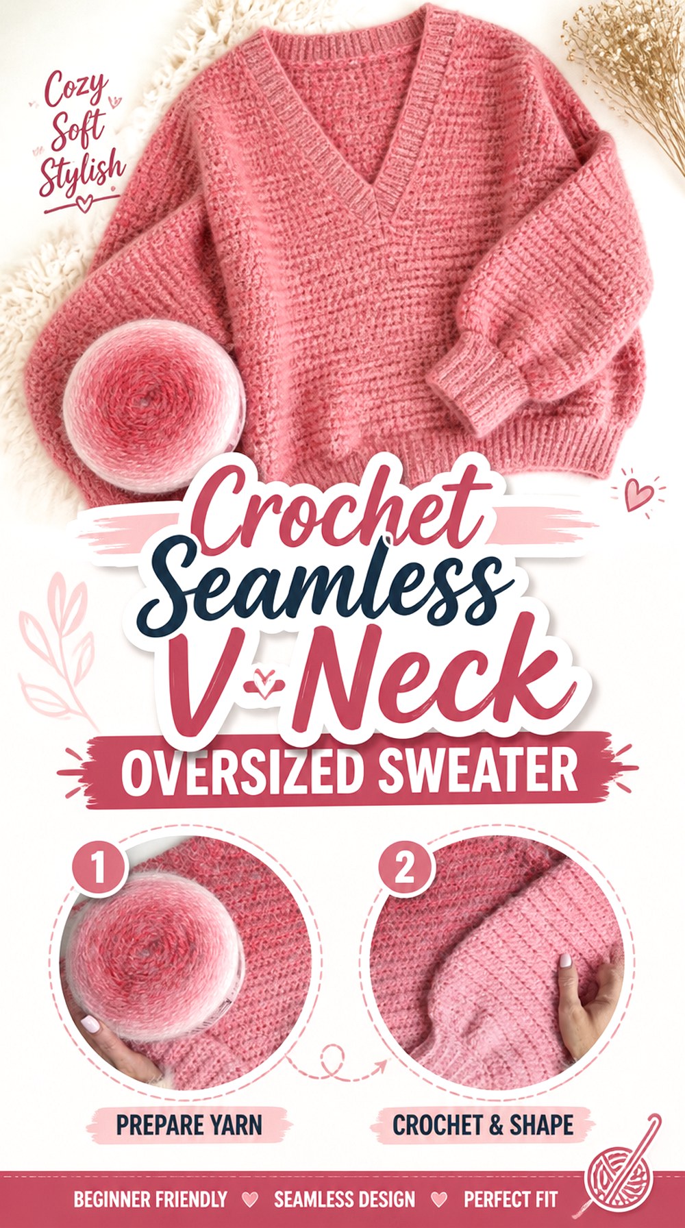 Crochet Seamless V Neck Oversized Sweater