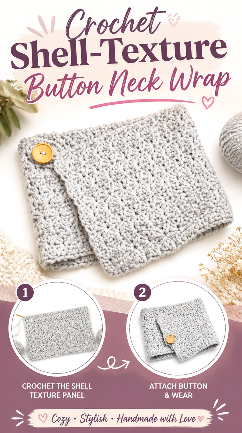 Crochet Shell Texture Button Neck Wrap