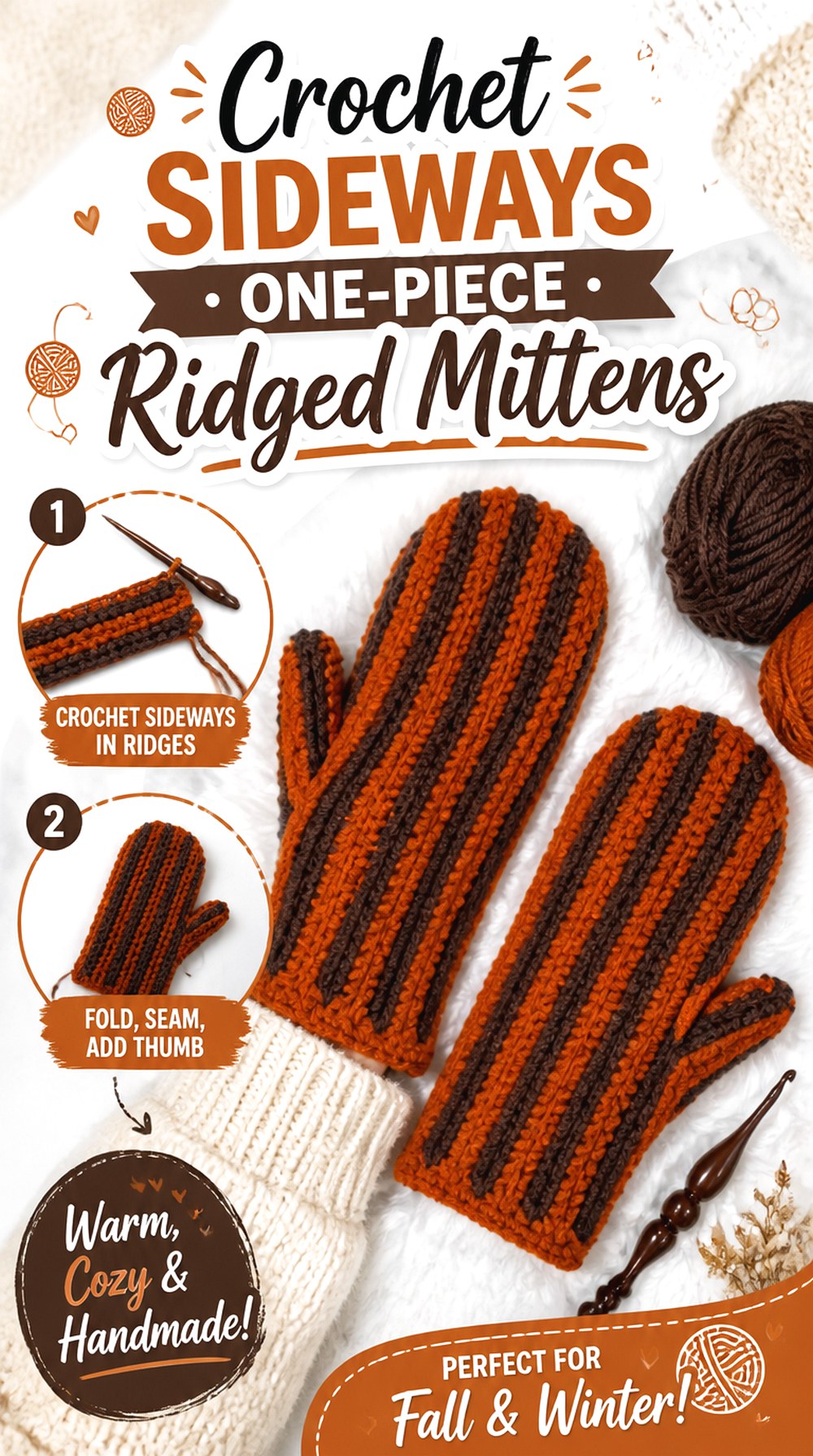 Crochet Sideways One Piece Ridged Mittens