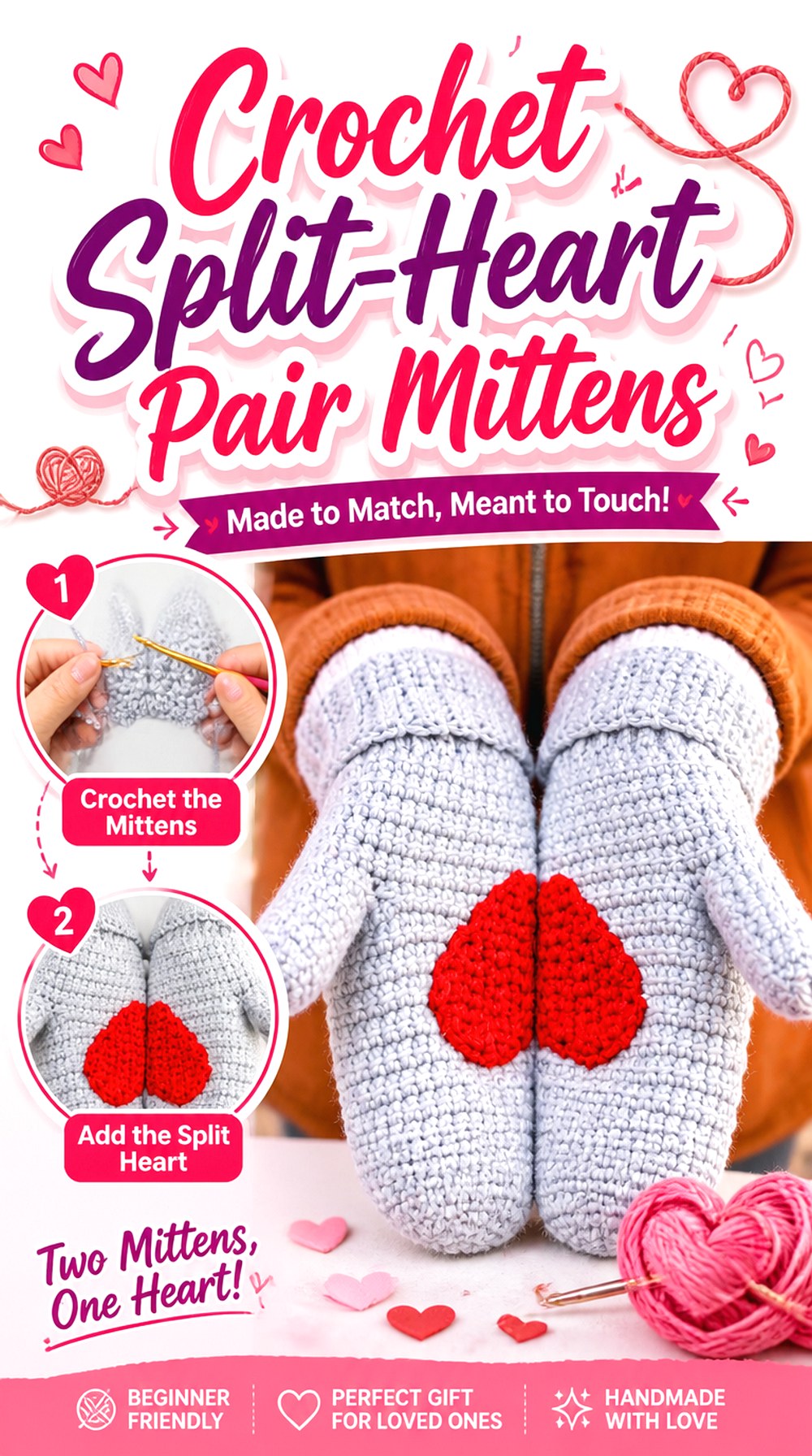 Crochet Split Heart Pair Mittens