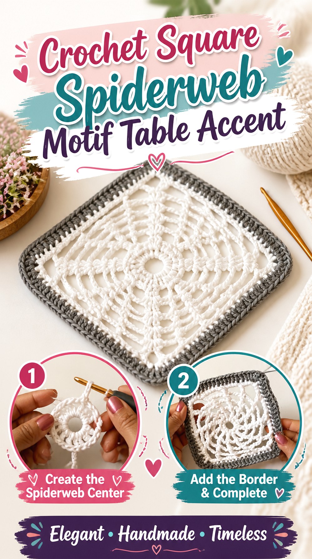 Crochet Square Spiderweb Motif Table Accent