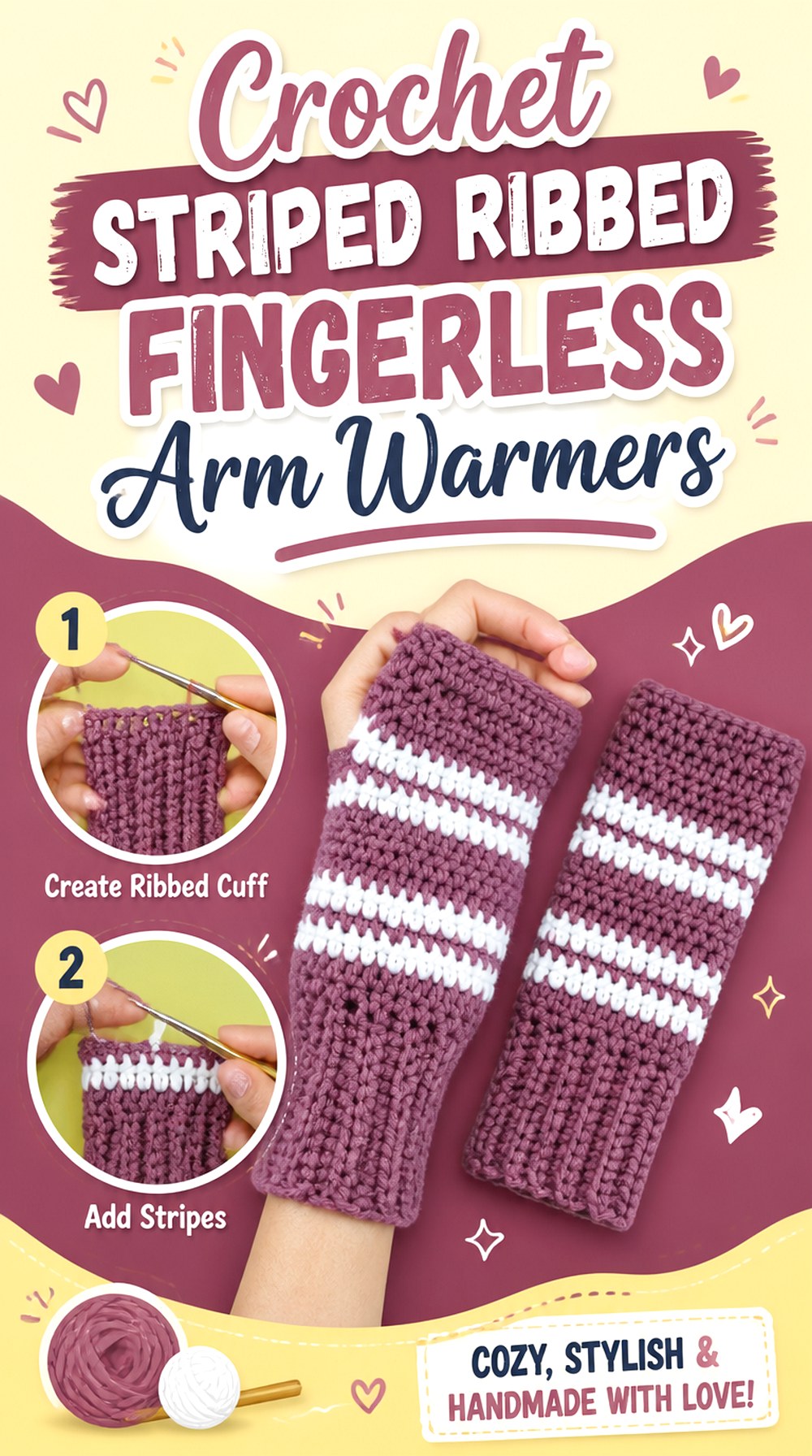 Crochet Striped Ribbed Fingerless Arm Warmers