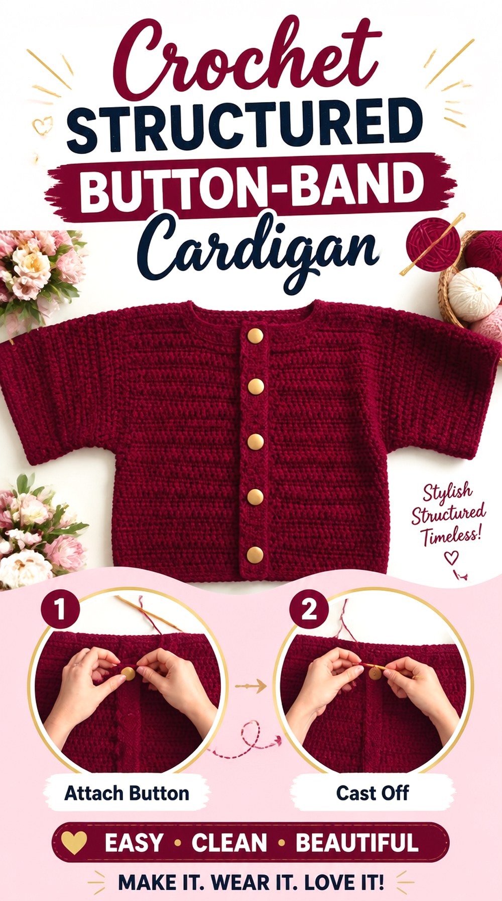 Crochet Structured Button Band Cardigan