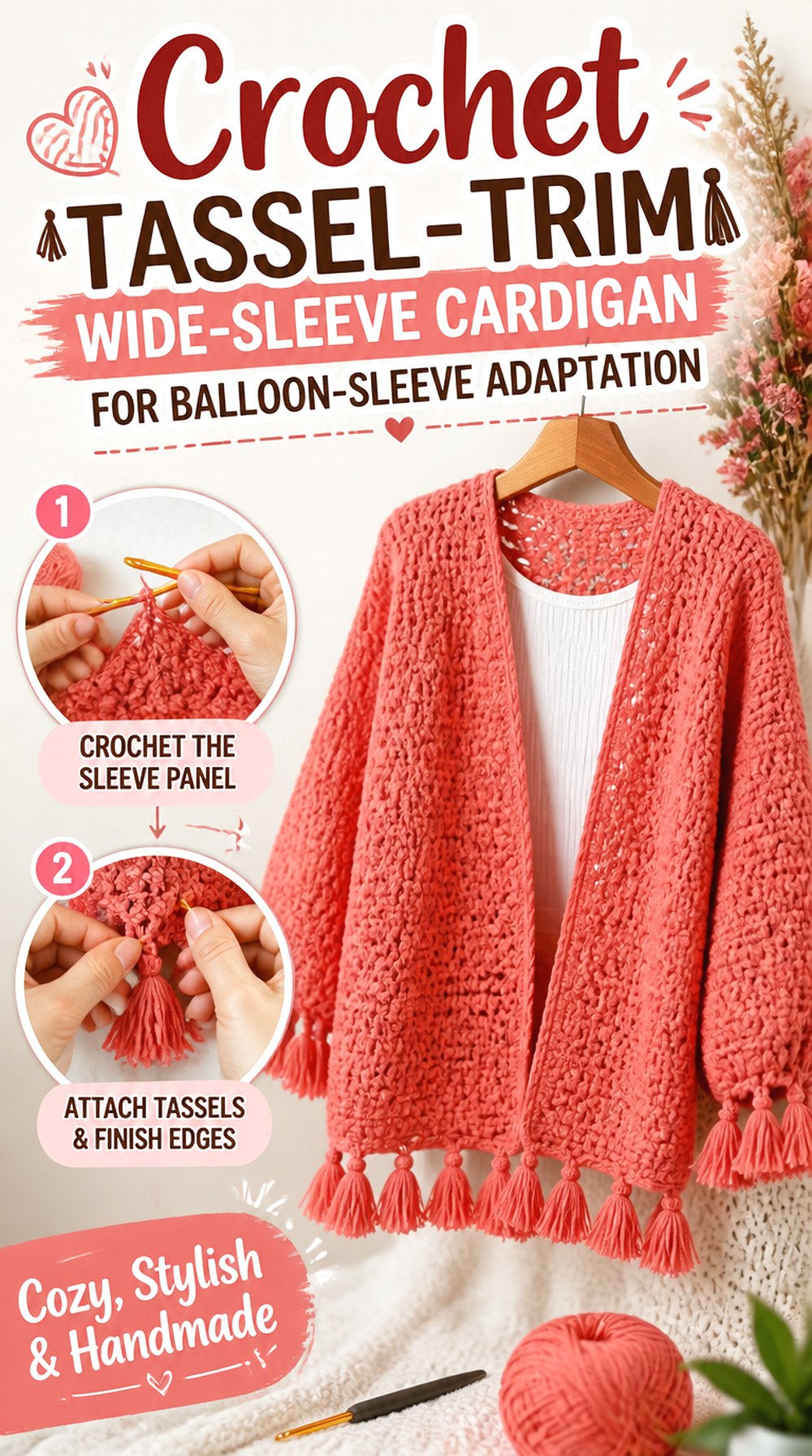 Crochet Tassel Trim Wide Sleeve Cardigan for Balloon Sleeve Adaptation