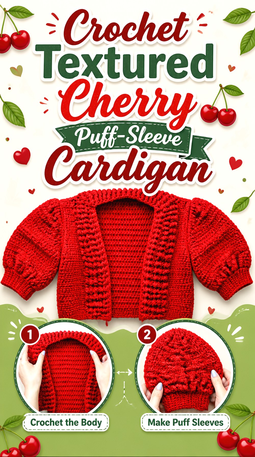 Crochet Textured Cherry Puff Sleeve Cardigan