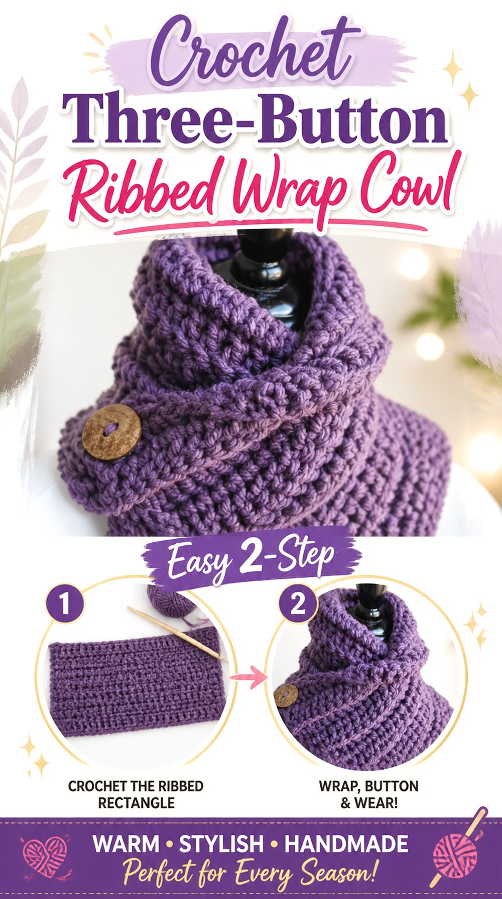 Crochet Three Button Ribbed Wrap Cowl