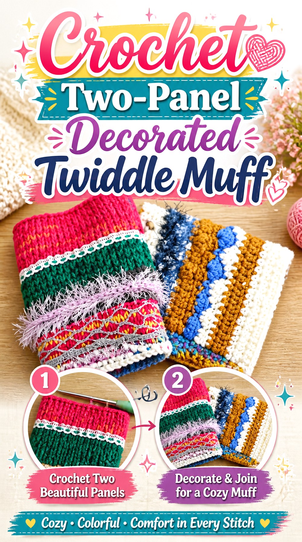 Crochet Two Panel Decorated Twiddle Muff