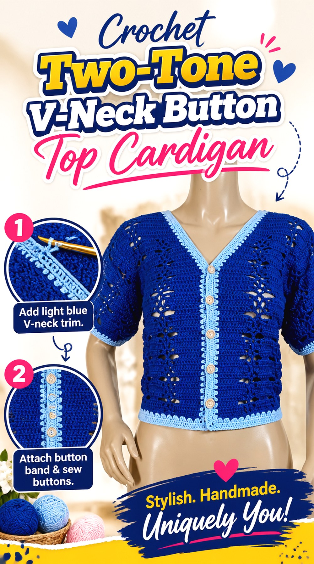 Crochet Two Tone V Neck Button Top Cardigan