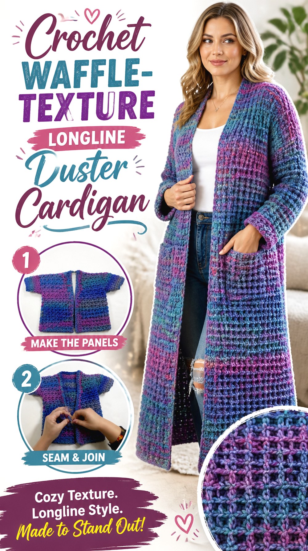 Crochet Waffle Texture Longline Duster Cardigan