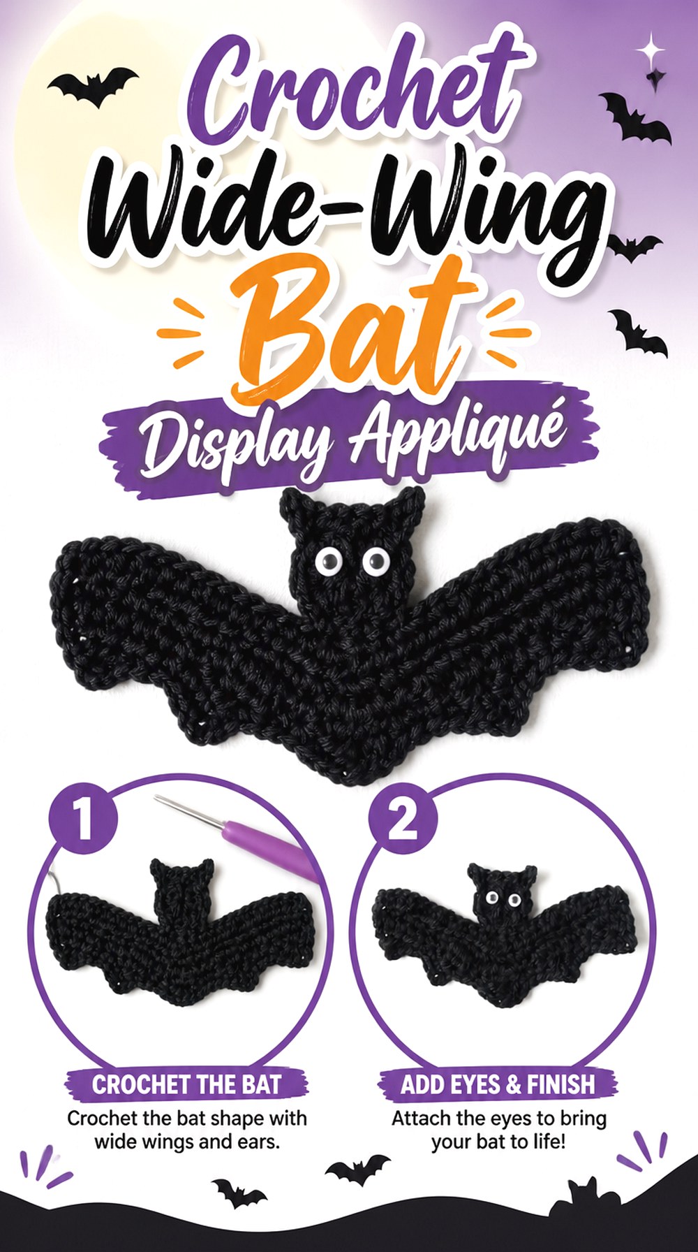Crochet Wide Wing Bat Display Appliqué