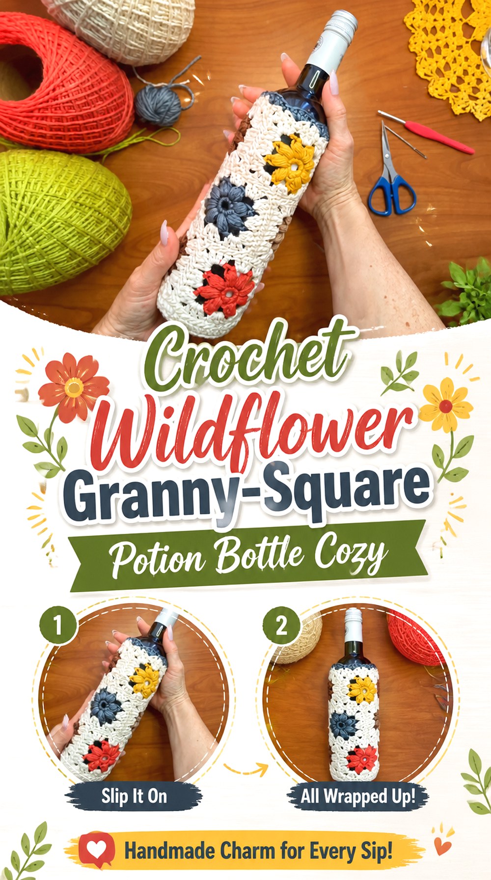 Crochet Wildflower Granny Square Potion Bottle Cozy