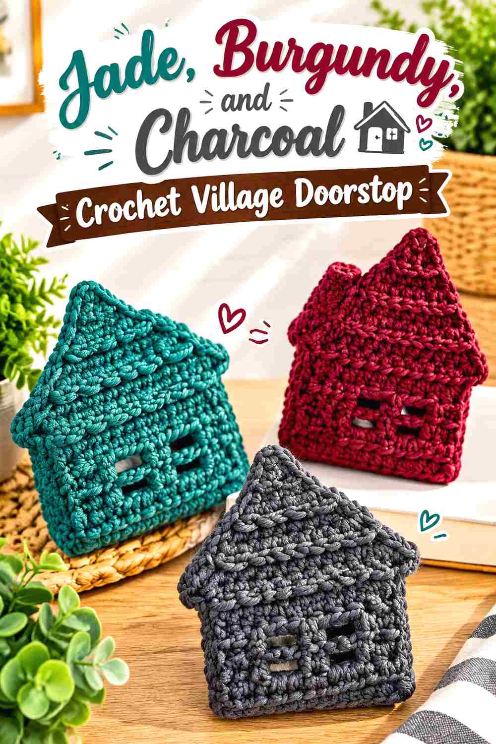 5. Jade Burgundy And Charcoal Crochet Village Doorstop