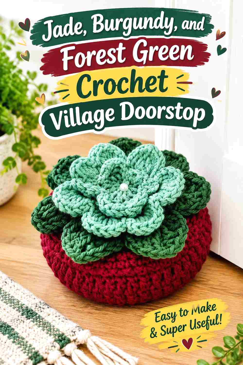 8. Jade Burgundy And Forest Green Crochet Village Doorstop